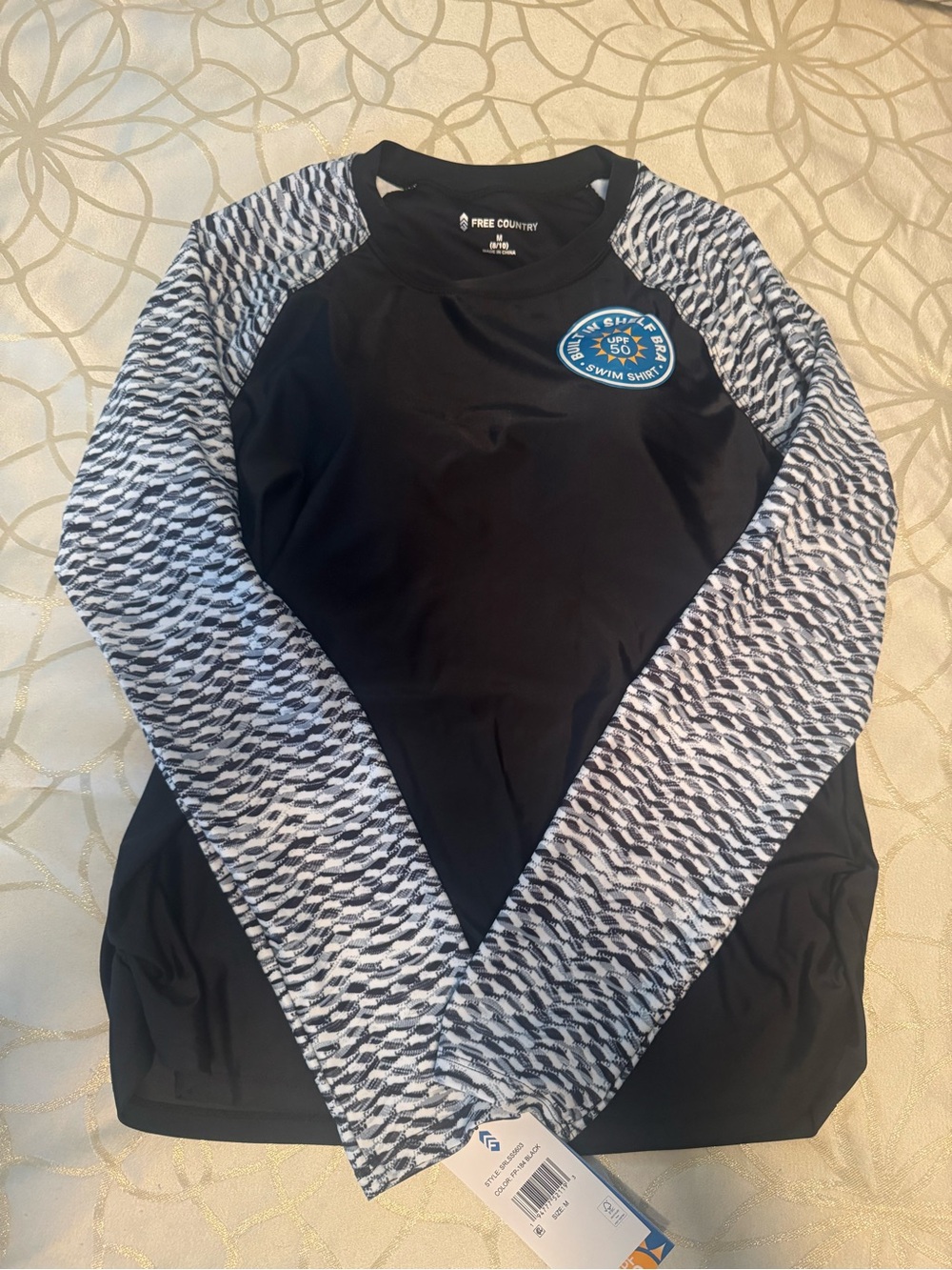 NWT Free Country womens Black Rash Guard with patterned Sleeves and built in bra